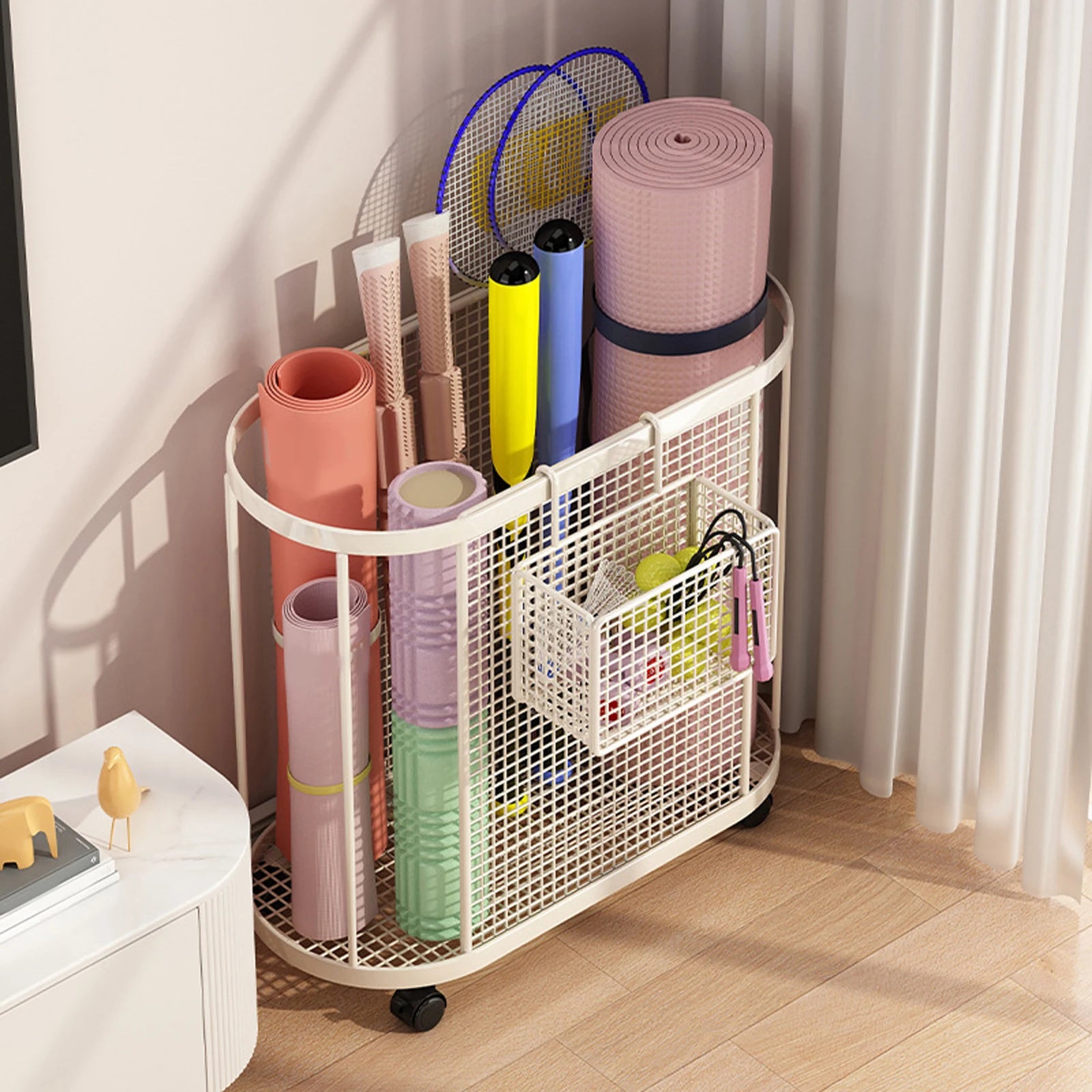 Yoga Mat Holder with Wheels Gym Equipment Storage Basket for Resistance Bands Dumbbell Yoga Blocks Kettlebells Foam Roller