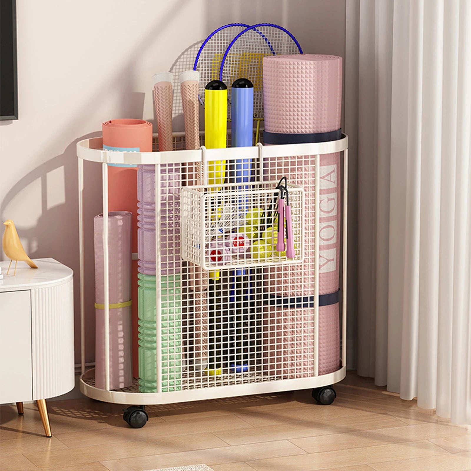 Yoga Mat Holder with Wheels Gym Equipment Storage Basket for Resistance Bands Dumbbell Yoga Blocks Kettlebells Foam Roller