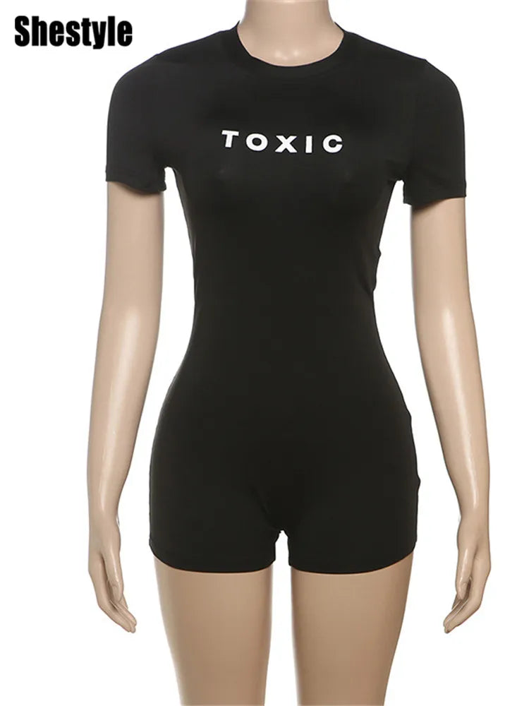 Shestyle Letter Printing Toxic Black Playsuit Women Short Sleeve Back Zipper Crew Neck Skinny Exercise Hipster Outfit Fitness