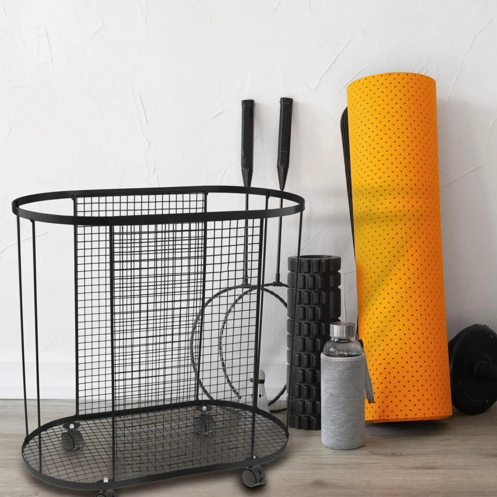 Yoga Mat Holder with Wheels Gym Equipment Storage Basket for Resistance Bands Dumbbell Yoga Blocks Kettlebells Foam Roller