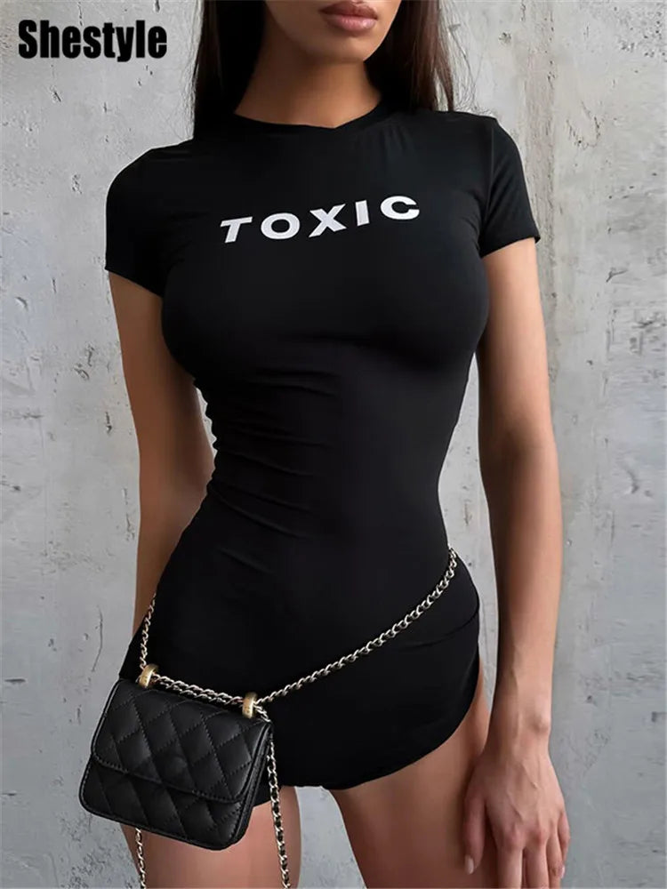 Shestyle Letter Printing Toxic Black Playsuit Women Short Sleeve Back Zipper Crew Neck Skinny Exercise Hipster Outfit Fitness