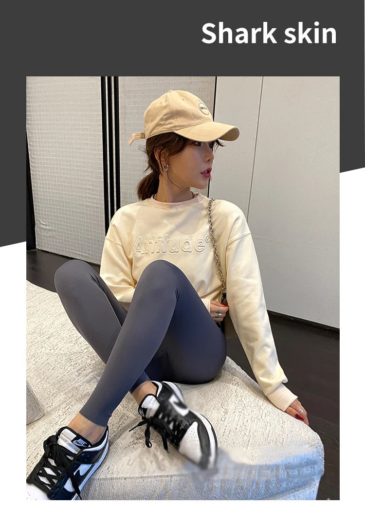 BIVIGAOS Spring New Leisure Shark Leggings Pants Women's Slim Tight-Fitting Elastic High Waist Black Sports Fitness Leggings