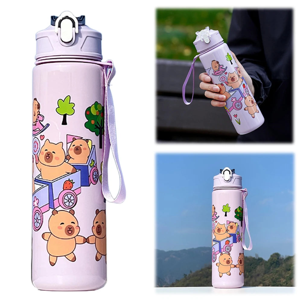 700/800ML Leak-Proof Durable Water Bottle Cute Capybara Water Cup with Carry Strap Portable for Sports Fitness BPA Free Perfect