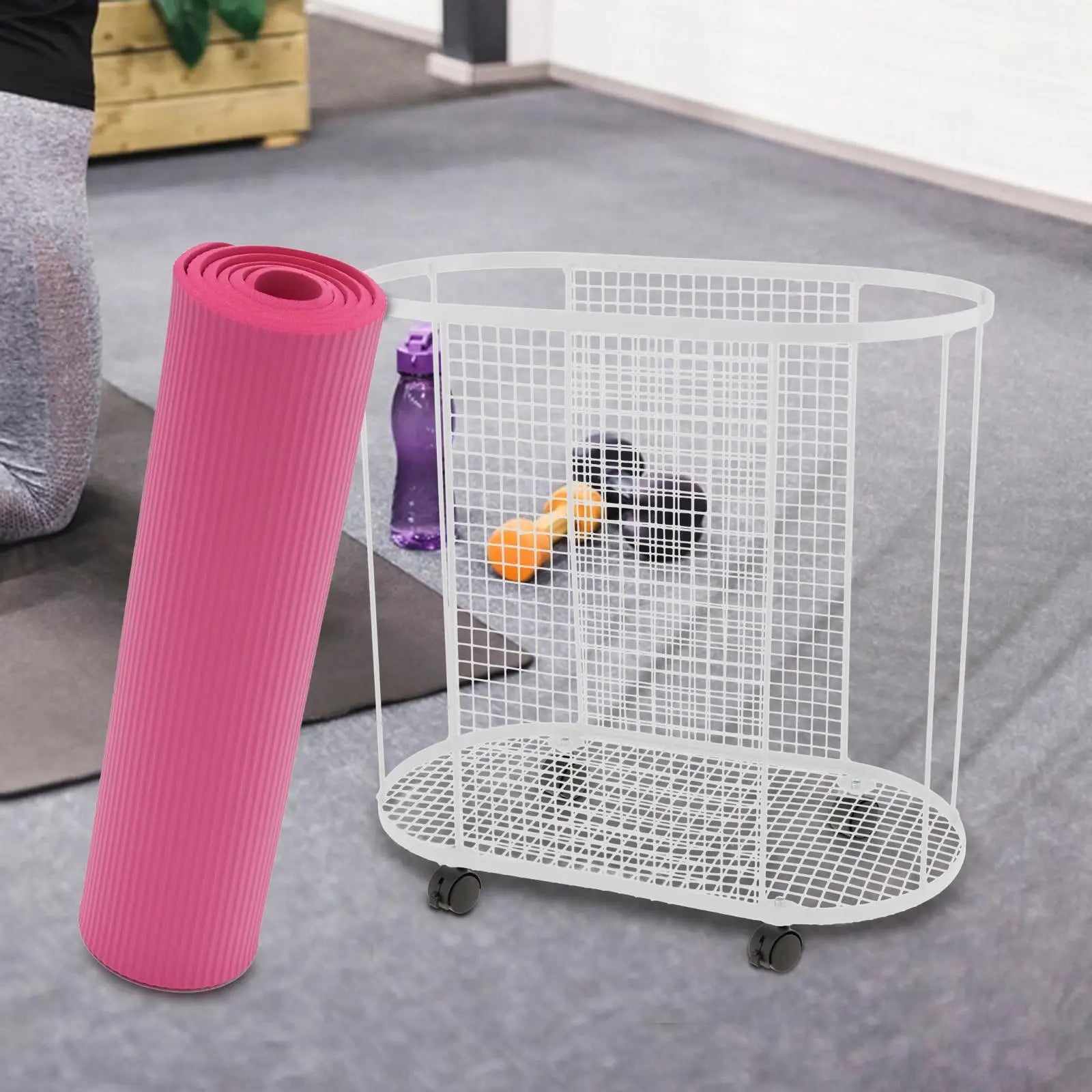 Yoga Mat Holder with Wheels Gym Equipment Storage Basket for Resistance Bands Dumbbell Yoga Blocks Kettlebells Foam Roller