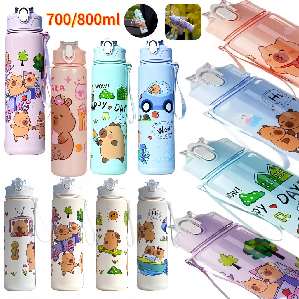 700/800ML Leak-Proof Durable Water Bottle Cute Capybara Water Cup with Carry Strap Portable for Sports Fitness BPA Free Perfect