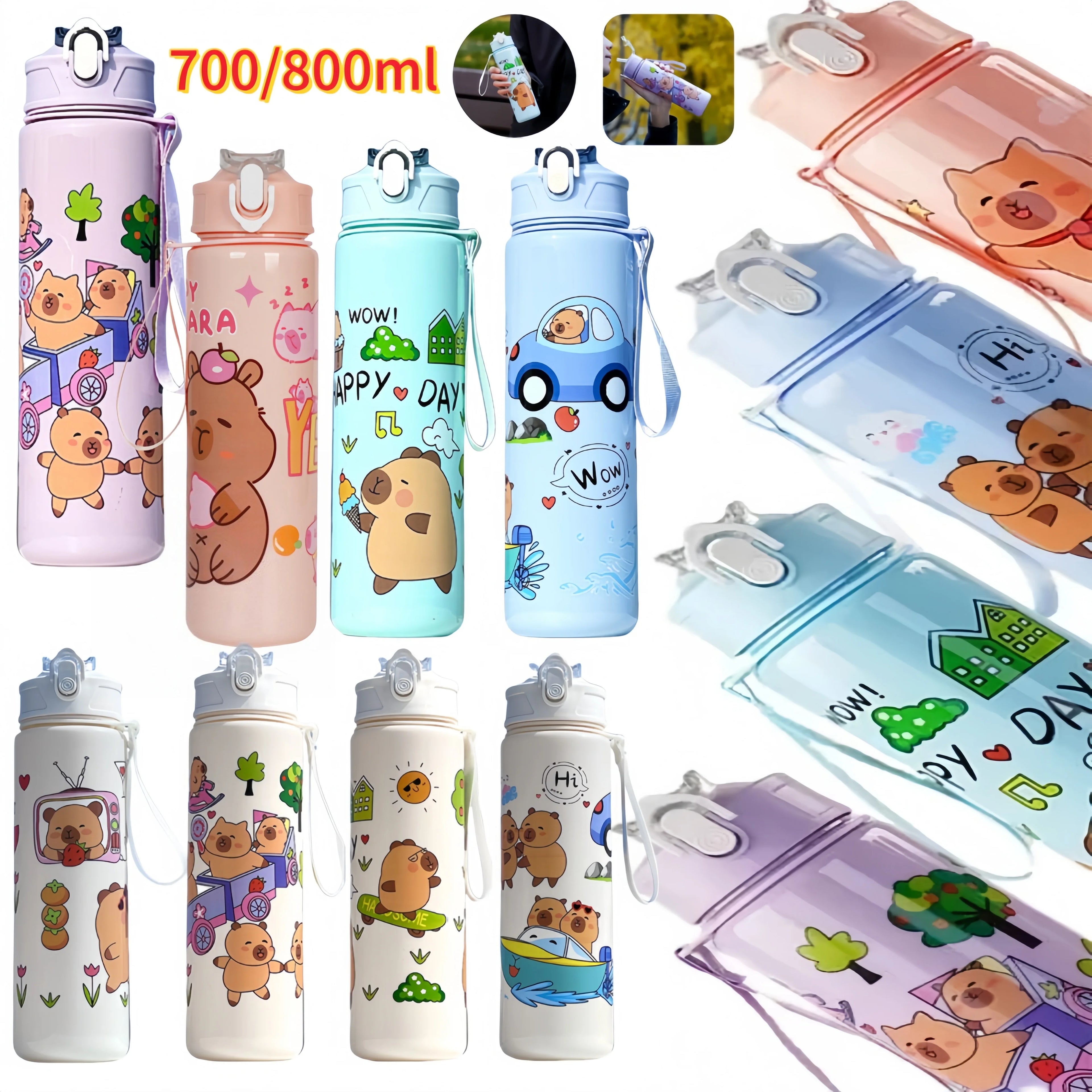700/800ML Leak-Proof Durable Water Bottle Cute Capybara Water Cup with Carry Strap Portable for Sports Fitness BPA Free Perfect