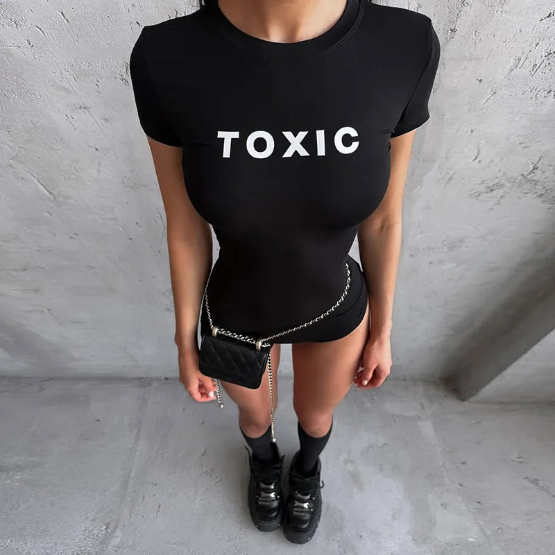 Shestyle Letter Printing Toxic Black Playsuit Women Short Sleeve Back Zipper Crew Neck Skinny Exercise Hipster Outfit Fitness