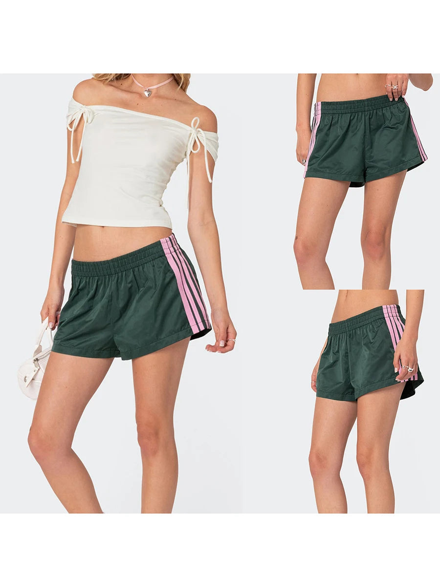 Women's Summer Shorts Side Stripe Print Elastic Waist Loose Workout Short Pants Casual Fitness Clothes