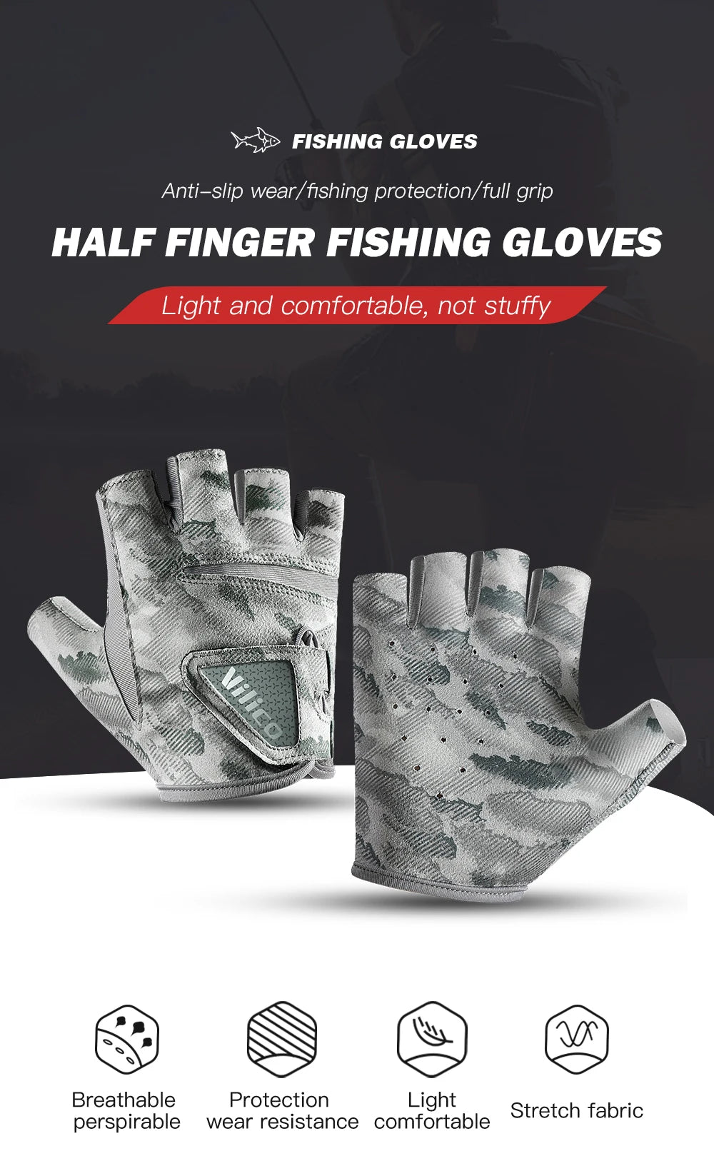 Kyncilor Half Finger Outdoor Professional Fishing Bicycle Fitness Leisure Sports Gloves Anti Slip Wear Resistant Fishing Gloves